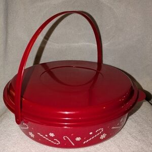 Red Holiday Themed Tupperware Bowl with Handle